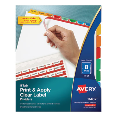 Print and Apply Index Maker Clear Label Dividers, 8-Tab, Color Tabs, 11 x 8.5, White, Traditional Color Tabs, 1 Set