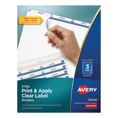 Print and Apply Index Maker Clear Label Dividers, 3-Tab, White Tabs, 11 x 8.5, White, 25 Sets