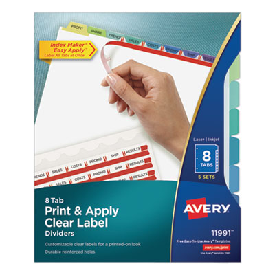 Print and Apply Index Maker Clear Label Dividers, 8-Tab, Color Tabs, 11 x 8.5, White, Contemporary Color Tabs, 5 Sets