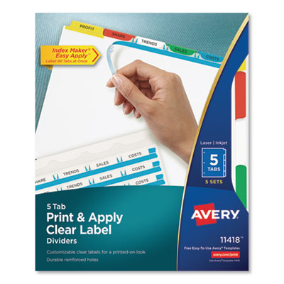 Print and Apply Index Maker Clear Label Dividers, 5-Tab, Color Tabs, 11 x 8.5, White, Traditional Color Tabs, 5 Sets