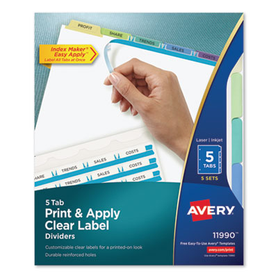 Print and Apply Index Maker Clear Label Dividers, 5-Tab, Color Tabs, 11 x 8.5, White, Contemporary Color Tabs, 5 Sets