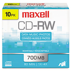 CD-RW Rewritable Disc, 700 MB/80 min, 4x, Jewel Case, Silver, 10/Pack