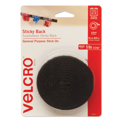 Sticky-Back Fasteners with Dispenser, Removable Adhesive, 0.75" x 5 ft, Black