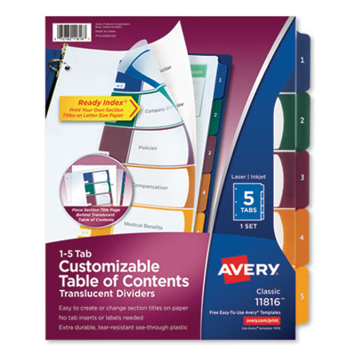 Customizable Table of Contents Ready Index Dividers with Multicolor Tabs, 5-Tab, 1 to 5, 11 x 8.5, Translucent, 1 Set