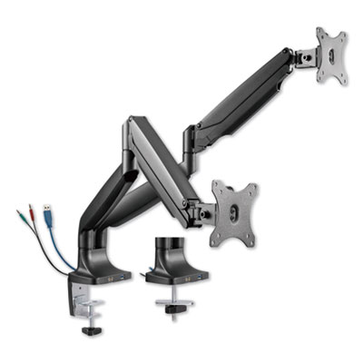 AdaptivErgo Dual Monitor Arm with USB, For 27" Monitors, 180 deg Rotation, 30 deg Tilt, 135 deg Pan, Black, Supports 11 lb