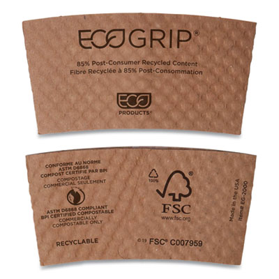 EcoGrip Hot Cup Sleeves - Renewable and Compostable, Fits 12, 16, 20, 24 oz Cups, Kraft, 1,300/Carton
