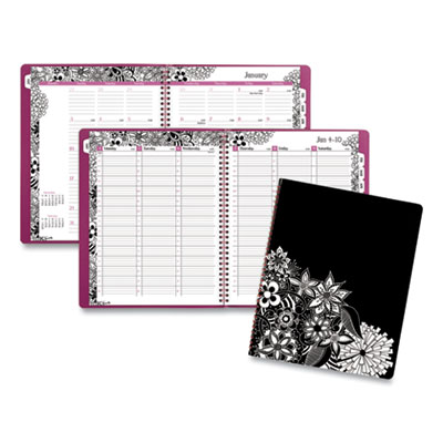 Floradoodle Weekly/Monthly Professional Planner, Floral Artwork, 11 x 8.5, Black/White Cover, 12-Month (Jan-Dec): 2025