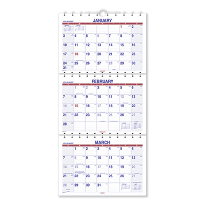 Move-A-Page Three-Month Wall Calendar, 12 x 27, White/Red/Blue Sheets, 15-Month: Dec 2024 to Feb 2026