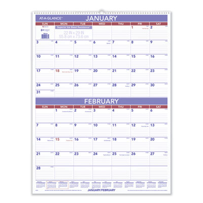 Two-Month Wall Calendar, 22 x 29, White/Blue/Red Sheets, 12-Month (Jan to Dec): 2025