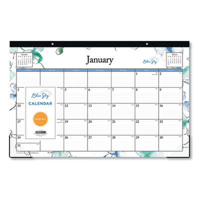 Lindley Desk Pad, Floral Artwork, 17 x 11, White/Blue/Green Sheets, Black Binding, Clear Corners, 12-Month (Jan to Dec): 2025