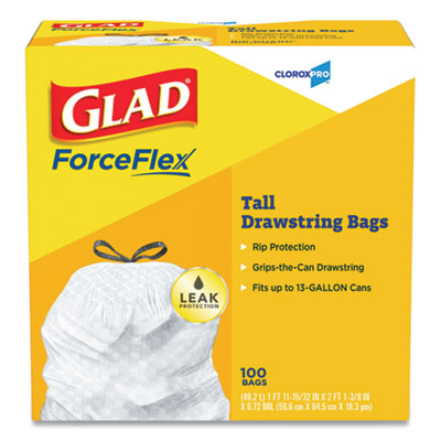 CloroxPro ForceFlex Tall Kitchen Drawstring Trash Bags, 13 gal, 24 x 27.38, Gray, 100/Box