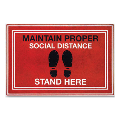 Message Floor Mats, 24 x 36, Red/Black, "Maintain Social Distance Stand Here"