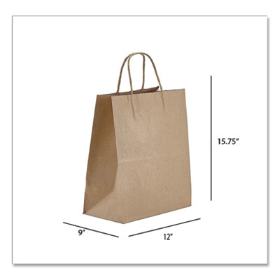 Kraft Paper Bags, Natural Twisted-Paper Handles, Regal Size, 12" x 9" x 15.75", Natural, 200/Carton