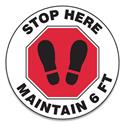 Slip-Gard Social Distance Floor Signs, 17" Circle, "Stop Here Maintain 6 ft", Footprint, Red/White, 25/Pack