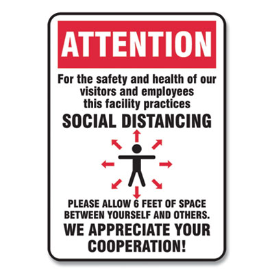 Social Distance Signs, Wall, 7 x 10, Visitors and Employees Distancing, Humans/Arrows, Red/White, 10/Pack