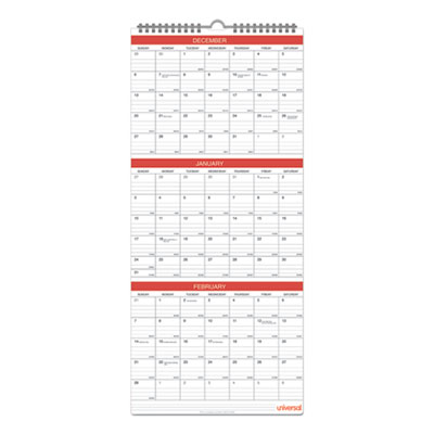 Three-Month Wall Calendar, 12 x 27, White/Red Sheets, 14-Month: Dec 2025 to Jan 2027