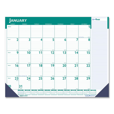 Express Track Monthly Desk Pad Calendar, 22 x 17, White/Teal Sheets, Teal Binding, 13-Month: Jan 2025 to Jan 2026