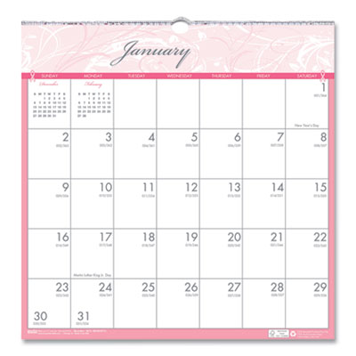 Recycled Monthly Wall Calendar, Breast Cancer Awareness Artwork, 12 x 12, White/Pink/Gray Sheets, 12-Month (Jan-Dec): 2025