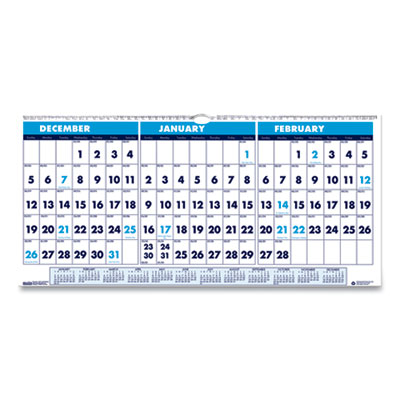 Recycled Three-Month Format Wall Calendar, Horizontal Orientation, 23.5 x 12, White Sheets, 14-Month: Dec 2024 to Jan 2026