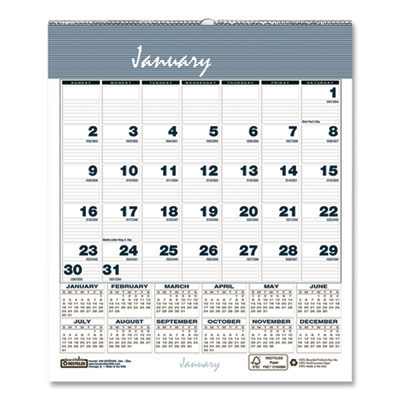 Bar Harbor Recycled Wirebound Monthly Wall Calendar, 6 x 7, White/Blue/Gray Sheets, 12-Month (Jan-Dec): 2025