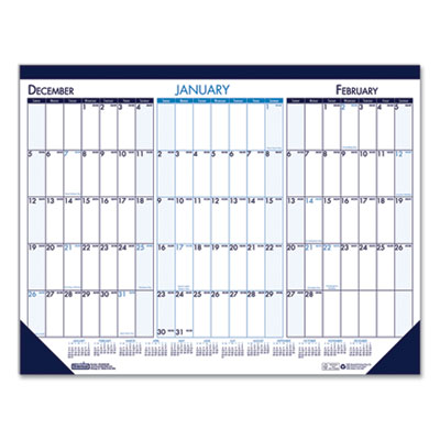 Three Month Desk Pad, 22 x 17, White/Blue/Teal Sheets, Blue Binding, Blue Corners, 14-Month: Dec 2024 to Jan 2026