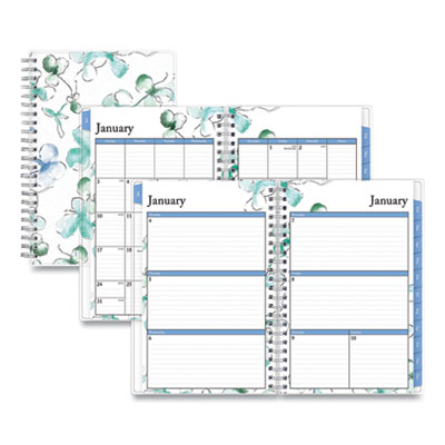 Lindley Weekly/Monthly Planner, Lindley Floral Artwork, 8 x 5, White/Blue/Green Cover, 12-Month (Jan to Dec): 2024