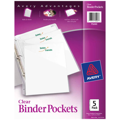 Binder Pockets, 3-Hole Punched, 9.25 x 11, Clear, 5/Pack