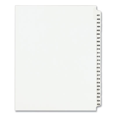 Preprinted Legal Exhibit Side Tab Index Dividers, Avery Style, 25-Tab, 401 to 425, 11 x 8.5, White, 1 Set, (1346)