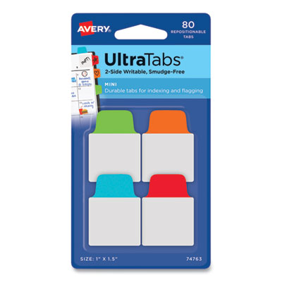 Ultra Tabs Repositionable Tabs, Mini Tabs: 1" x 1.5", 1/5-Cut, Assorted Colors, 80/Pack