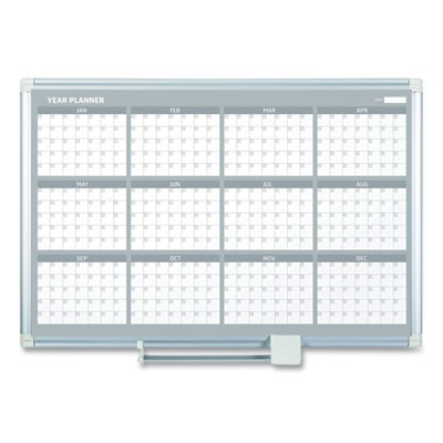 Magnetic Dry Erase Calendar Board, 12-Month Planning/Scheduling, 36" x 24", White Surface, Satin Aluminum Frame