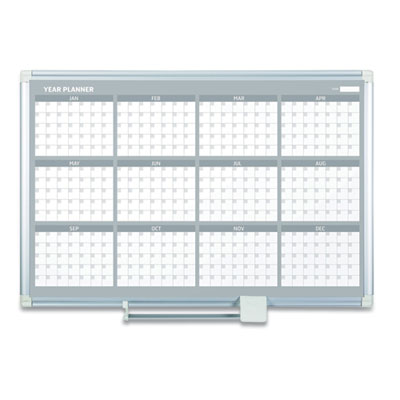 Magnetic Dry Erase Calendar Board, 12-Month Planning/Scheduling, 48" x 36", White Surface, Satin Aluminum Frame