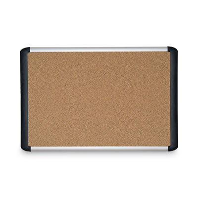 Tech Cork Board, 48" x 36", Tan Surface, Silver/Black Aluminum Frame