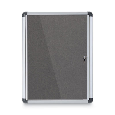 Slim-Line Enclosed Fabric Bulletin Board with One Door, 28" x 38", Gray Surface, Satin Aluminum Frame