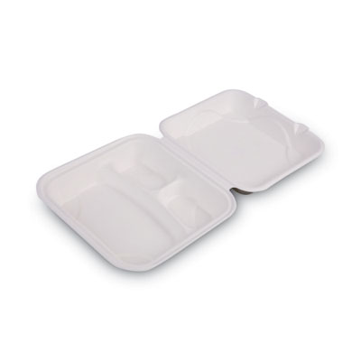 Bagasse Hinged Clamshell Containers, 3-Compartment, 9 x 9 x 3, White, Sugarcane, 50/Pack, 4 Packs/Carton