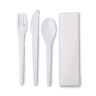 Plantware Compostable Cutlery Kit, Fork/Knife/Napkin/Spoon, Pearl White, 250 Kits/Carton