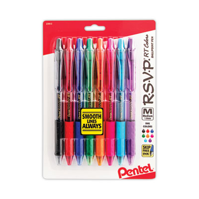 R.S.V.P. RT Ballpoint Pen, Retractable, Medium 1 mm, Assorted Ink Colors, Clear Barrel, 8/Pack