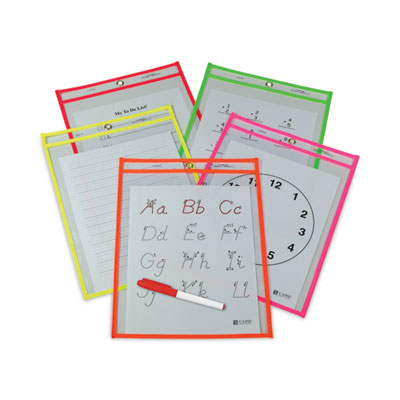 Reusable Dry Erase Pockets, 9 x 12, Assorted Neon Colors, 25/Box