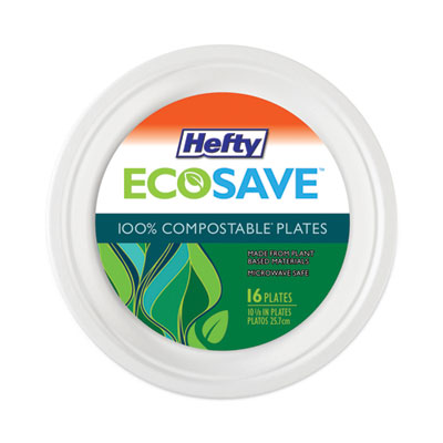 ECOSAVE Tableware, Plate, Sugarcane, 10.13" dia, White, 16/Pack