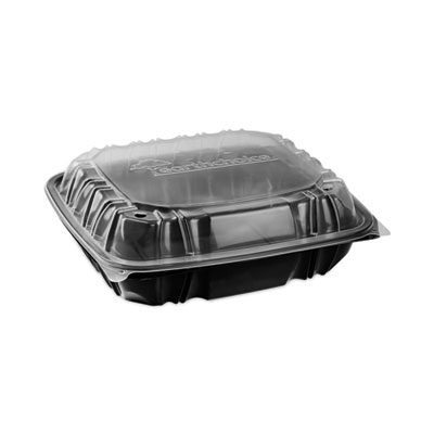 EarthChoice Vented Dual Color Microwavable Hinged Lid Container, 3 Compartments, 34 oz, Black/Clear, Plastic, 132/Carton