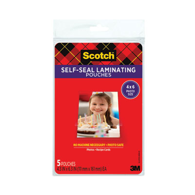 Self-Sealing Laminating Pouches, 9.5 mil, 4.38" x 6.38", Gloss Clear, 5/Pack