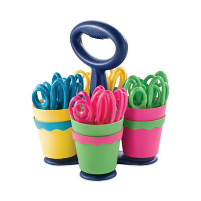 Scissor Caddy with Kids' Scissors, Pointed Tip, 5" Long, 2" Cut Length, Straight Assorted Color Handles, 24/Set