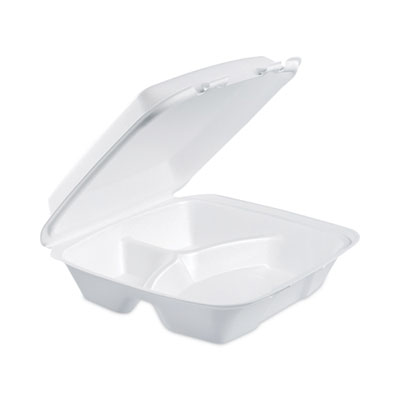 Insulated Foam Hinged Lid Containers, 3 Compartments, 9 x 9.4 x 3, White, 100/Sleeve, 2 Sleeves/Carton