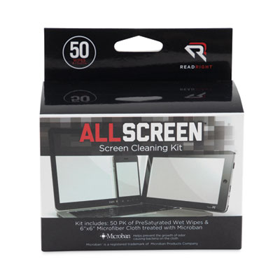 AllScreen Cleaning Kit with (1) 6 x 6 Microfiber Cloth, (50) 4 x 5 Individually Wrapped Pre-Saturated Wipes, Unscented, White