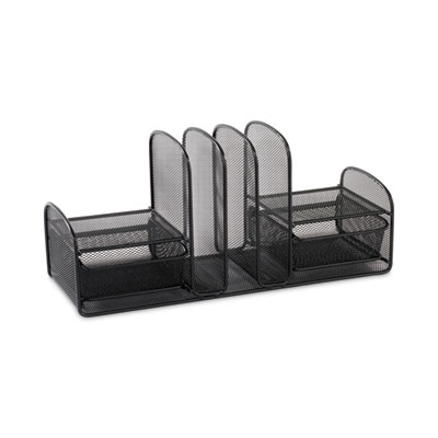 Onyx Mesh Desk Organizer, Three Sections/Two Baskets, Steel Mesh, 17 x 6.75 x 7.75, Black