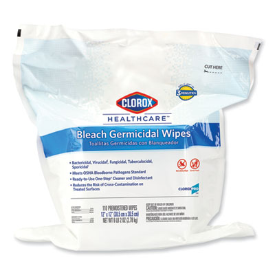 Bleach Germicidal Wipes, 1-Ply, 12 x 12, Unscented, White, 110/Bag