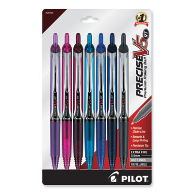 Precise V5RT Roller Ball Pen, Retractable, Extra-Fine 0.5 mm, Assorted Ink and Barrel Colors, 7/Pack