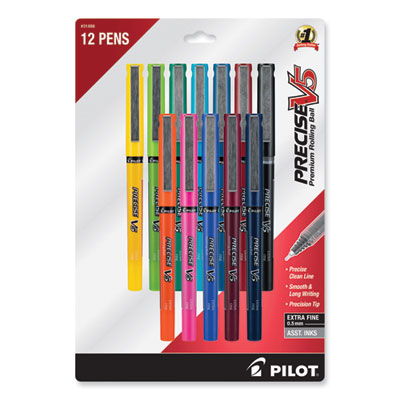 Precise V5 Roller Ball Pen, Stick, Fine 0.5 mm, Assorted Ink and Barrel Colors, Dozen