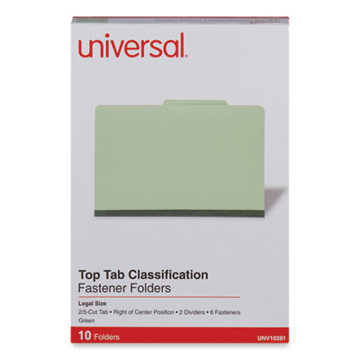 Six-Section Pressboard Classification Folders, 2" Expansion, 2 Dividers, 6 Fasteners, Legal Size, Green Exterior, 10/Box