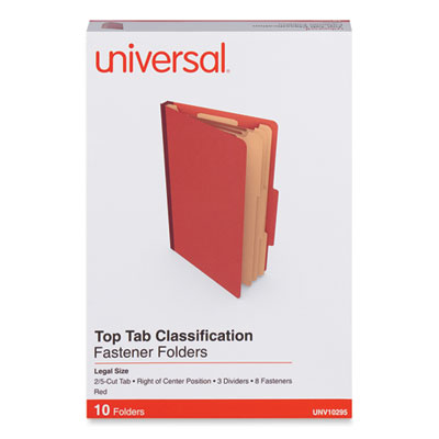 Eight-Section Pressboard Classification Folders, 3" Expansion, 3 Dividers, 8 Fasteners, Legal Size, Red Exterior, 10/Box