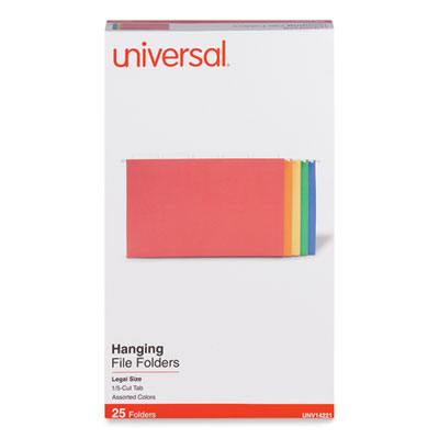 Deluxe Bright Color Hanging File Folders, Legal Size, 1/5-Cut Tabs, Assorted Colors, 25/Box